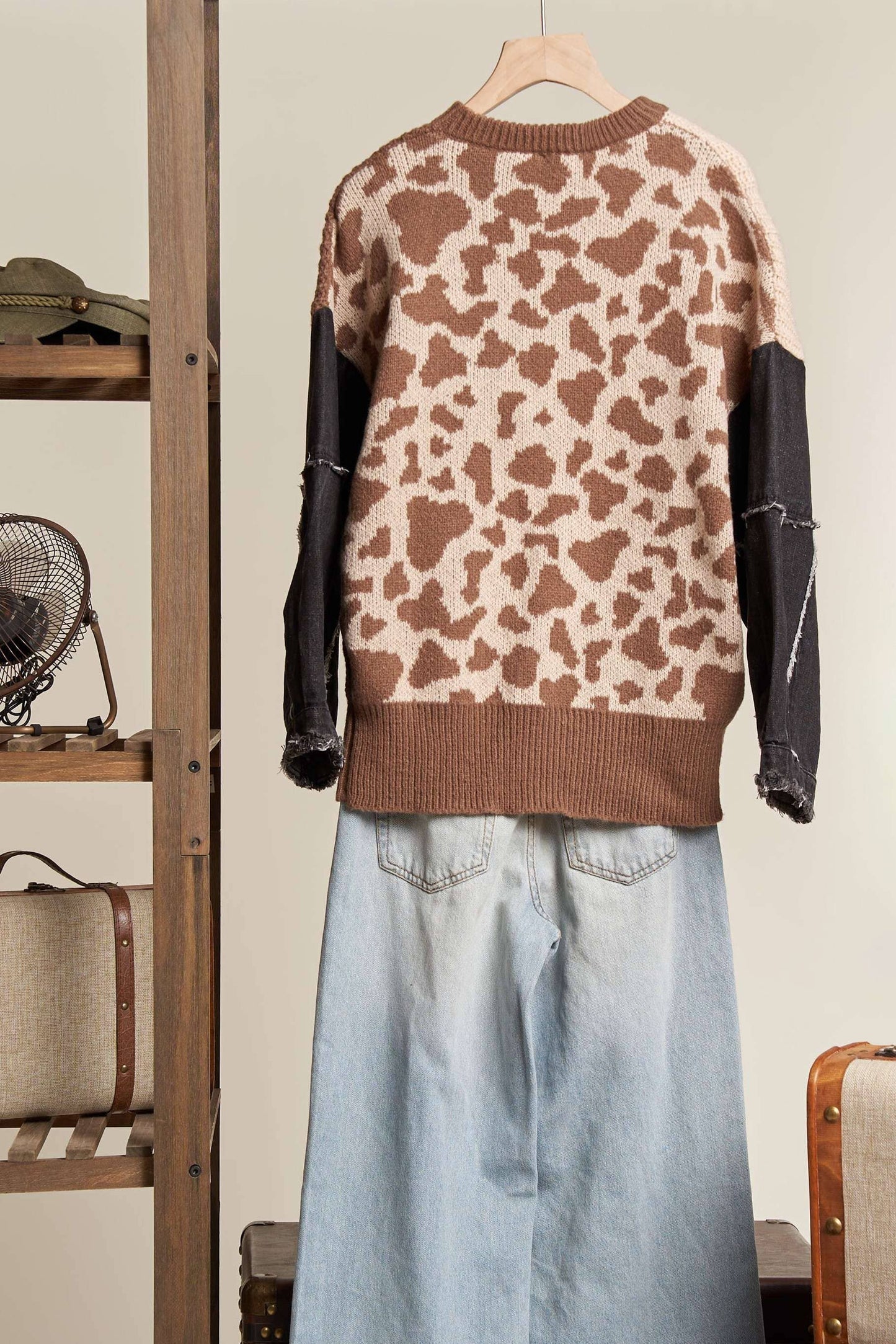 Denim Sleeve Knitted Sweater