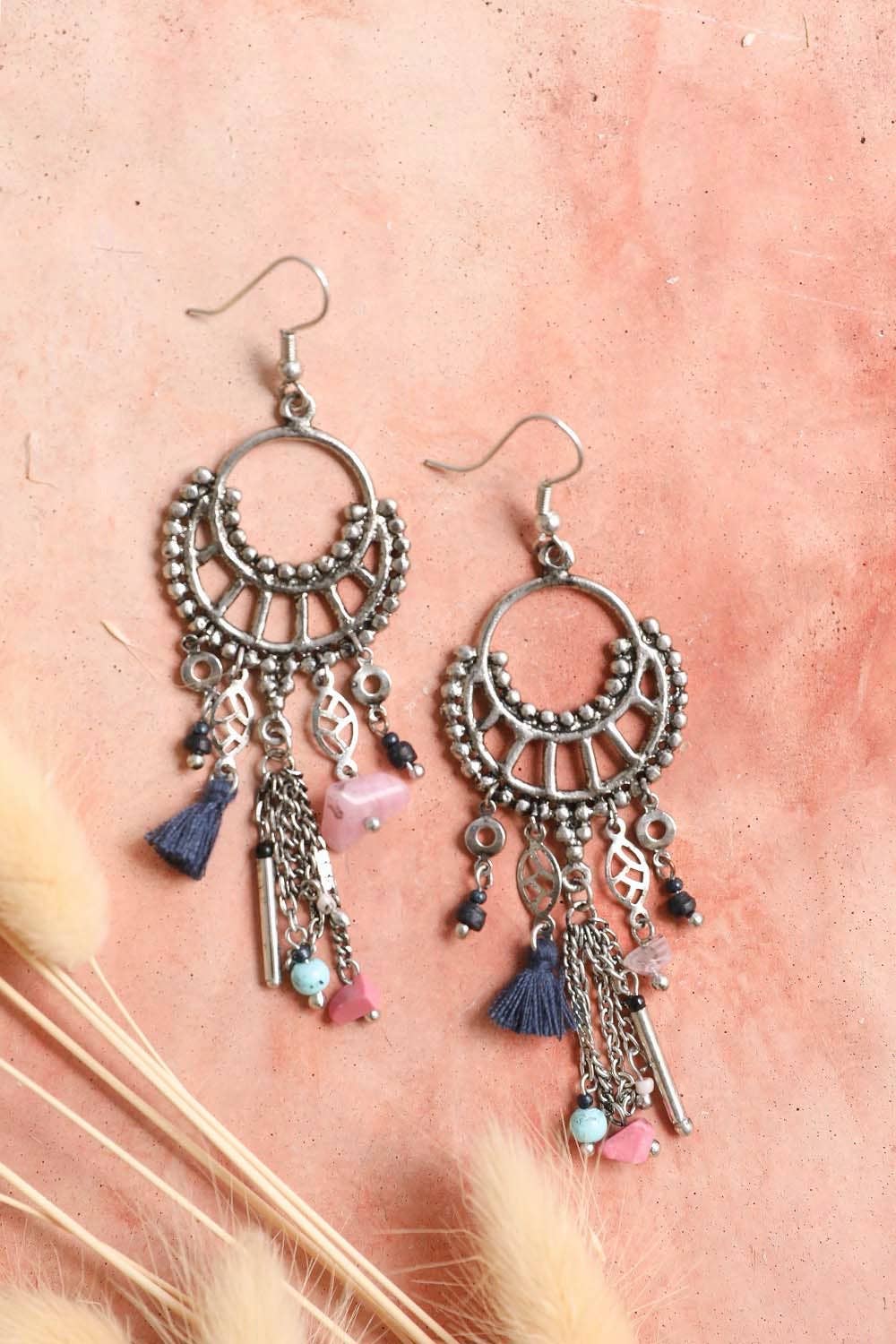 Dangling Rose Quartz and Fringe Earring