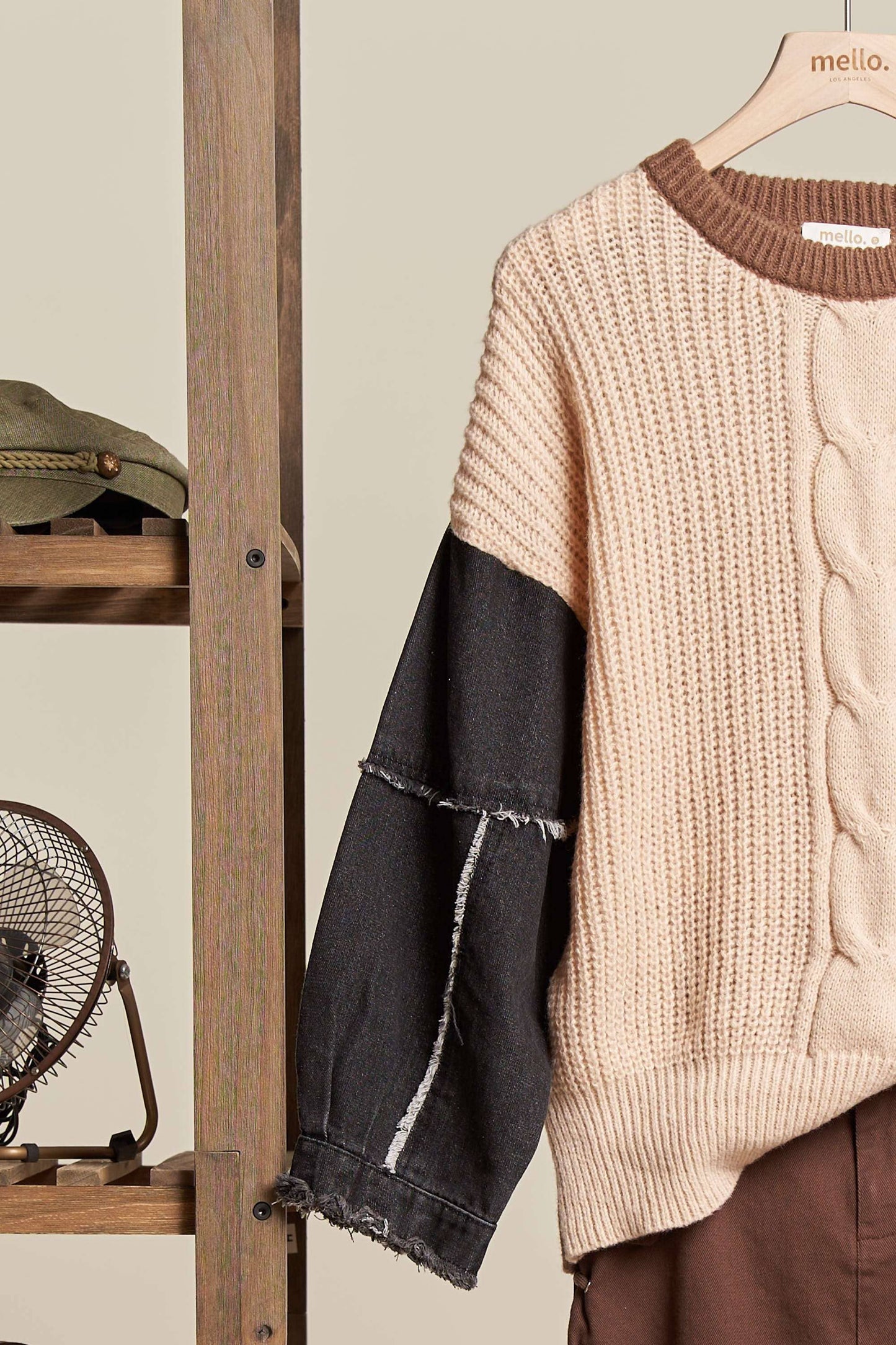 Denim Sleeve Knitted Sweater