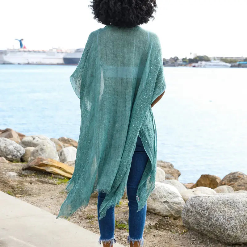 Sequin Border Frayed Trim Kimono