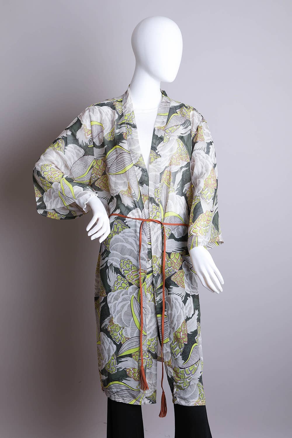 Elegant Print Kimono with Suede Waist Tie Belt