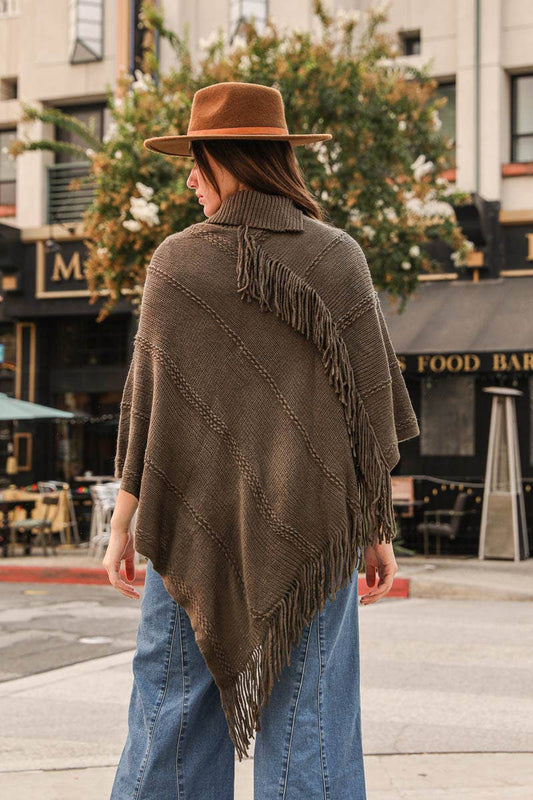 Olive Button Neck Fringe Poncho