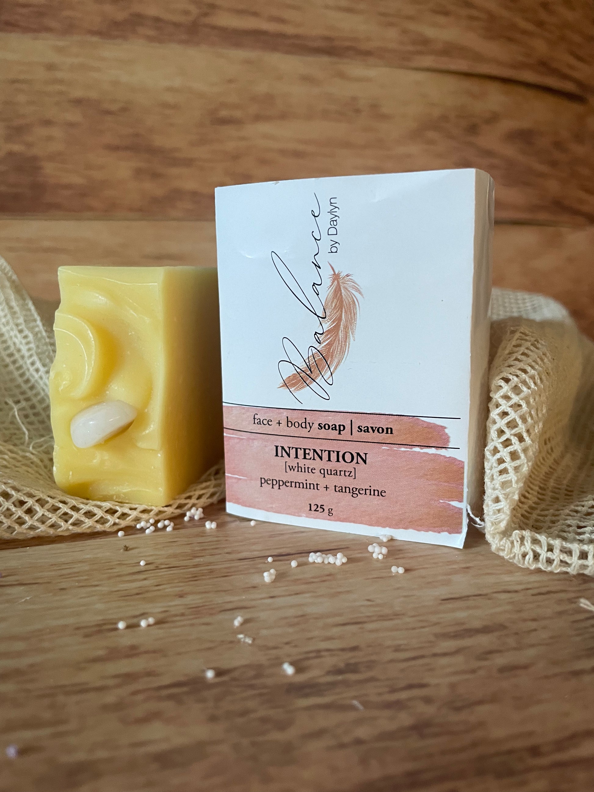 intention hand and body bar soap, daylyn, skin hydrating soap, crystal bar soap, white quartz crystal bar soap, balance vibrational energies