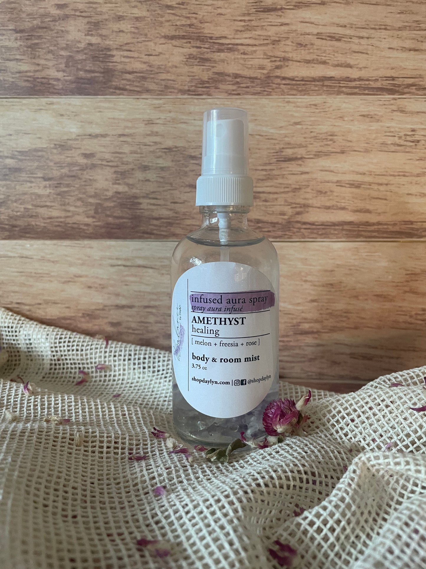 amethyst infused aura spray with melon freesia and rose scents