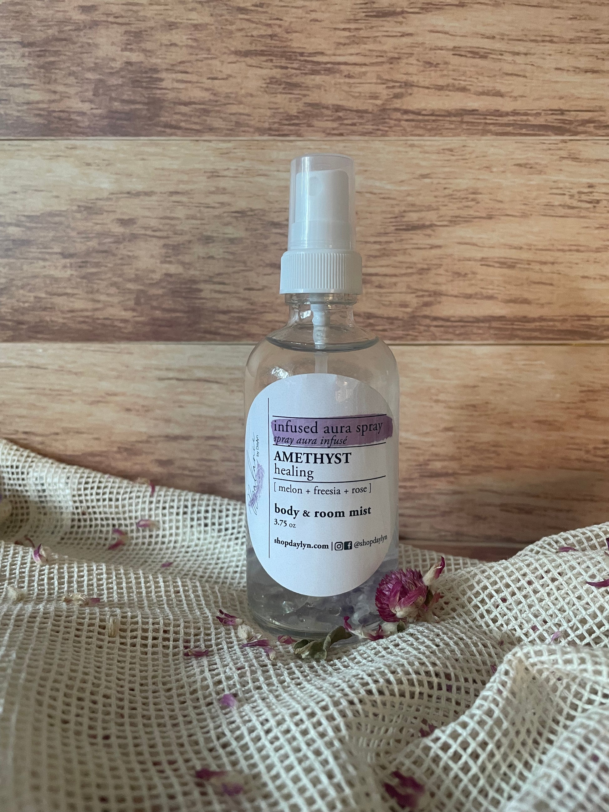 amethyst infused aura spray with melon freesia and rose scents