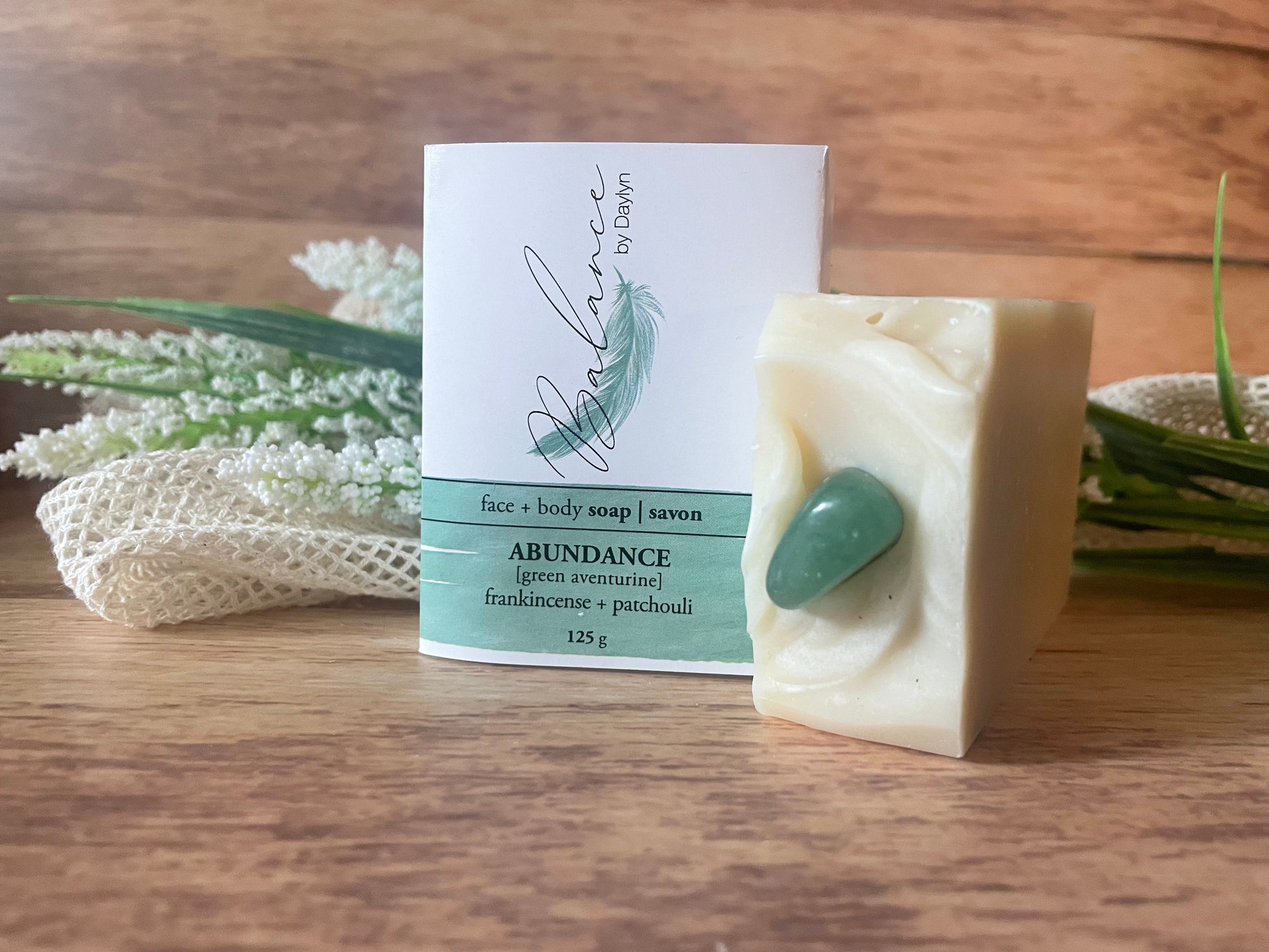 balance by daylyn, abundane face and body soap, green aventurine, frankincense, patchouli, 125g. shop and support local small business
