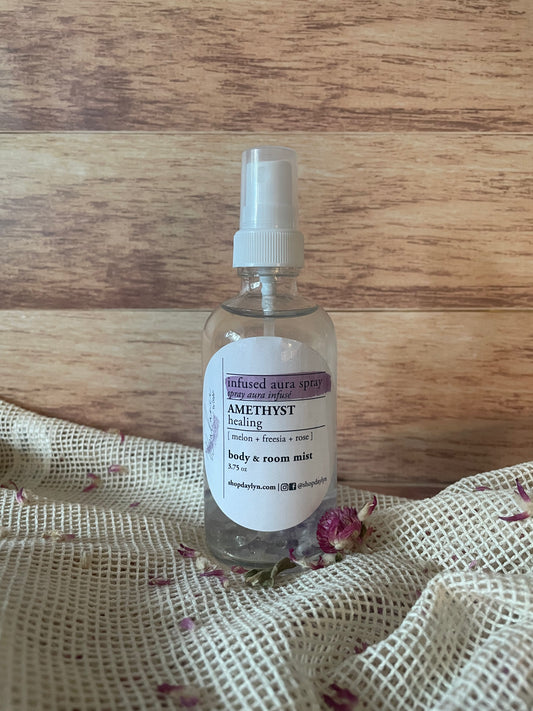amethyst aura setting spray and body mist with melon freesia and rose scents