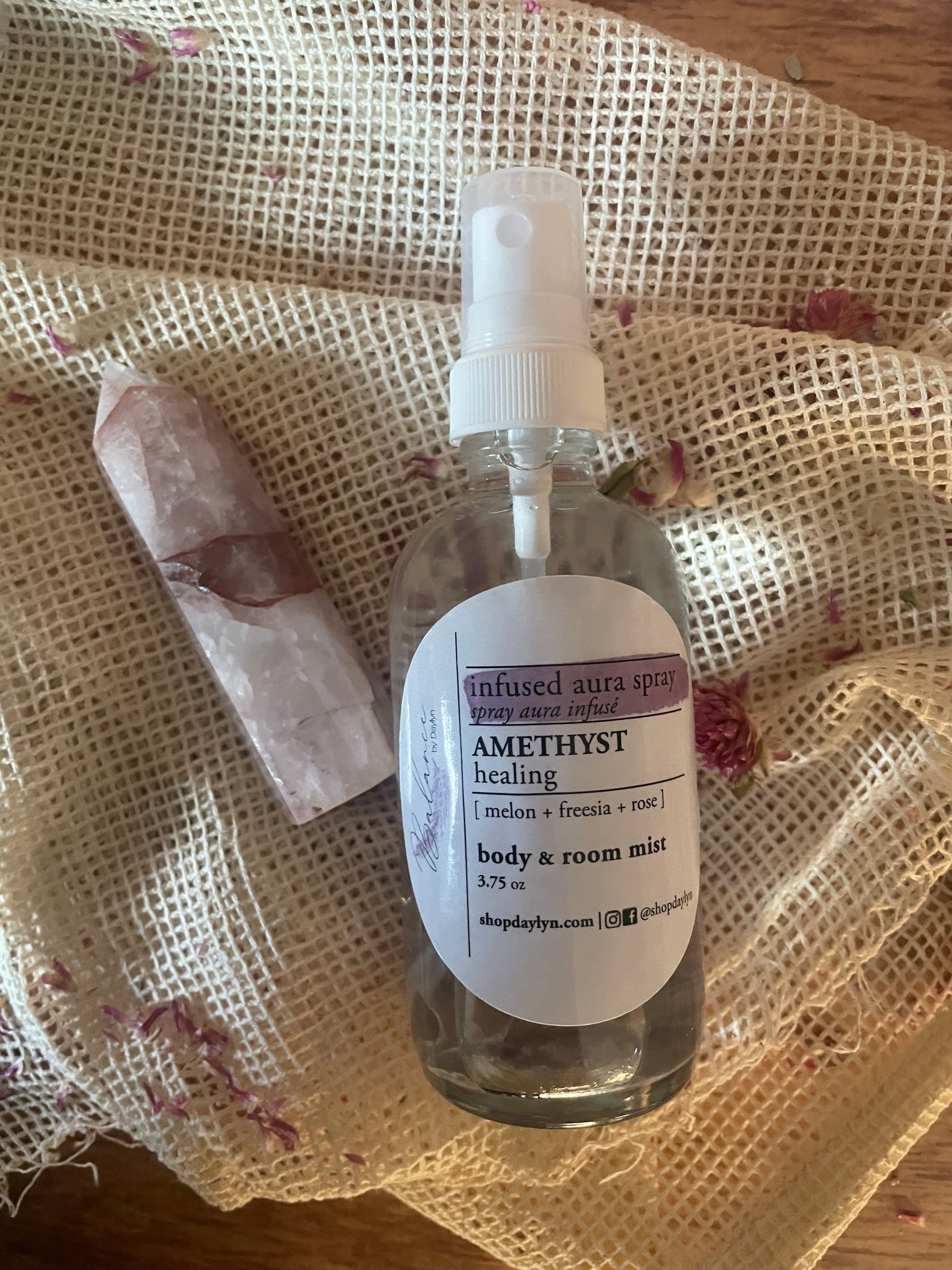 amethyst infused aura spray with melon freesia and rose scents body mist and aura setting spray
