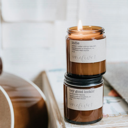 indie soy candle, 100% soy wax candle made from amber, cedar, citrus, and seasalt. made in Canada, hand poured with love.